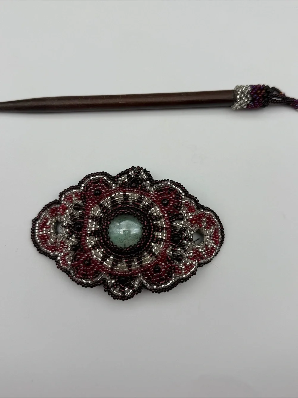 Native American Hand Beaded Barrette/Ponytail Holder With Wood Pin &Leather Back